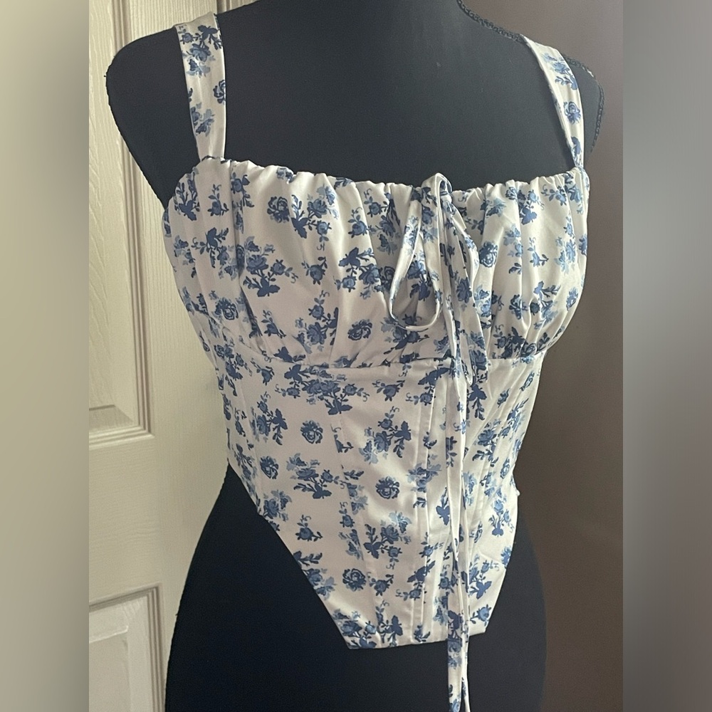 White & Blue Floral Tie-Front Corset Top